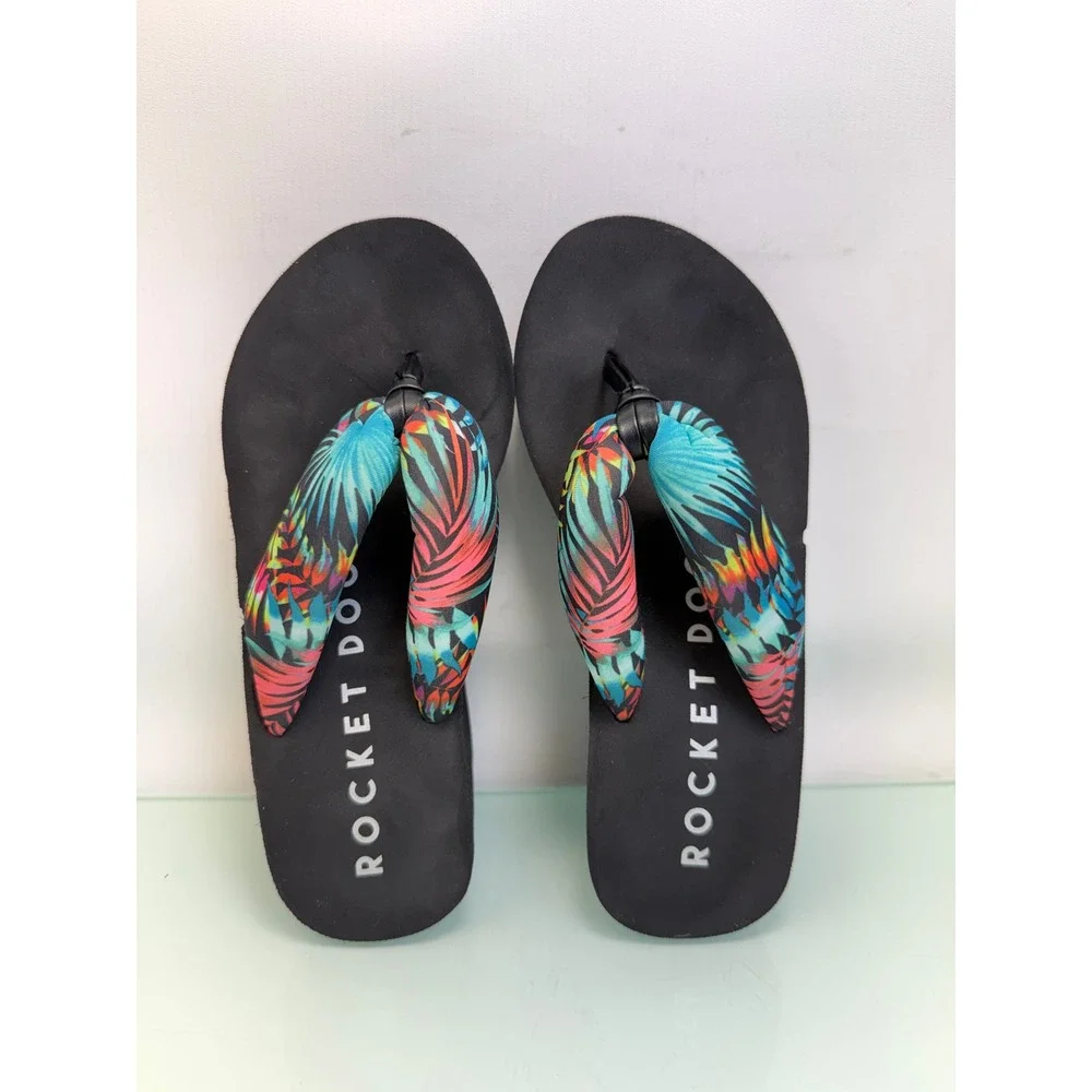 Rocket Dog Platform Flip Flop Sandals Women 6 Black Tropical Y2K Chunky Slides
